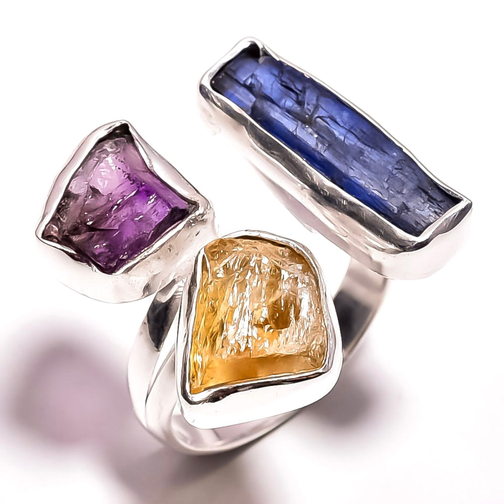 Raw Blue Kyanite X Amethyst X Citrine Ring Sterling Silver 925