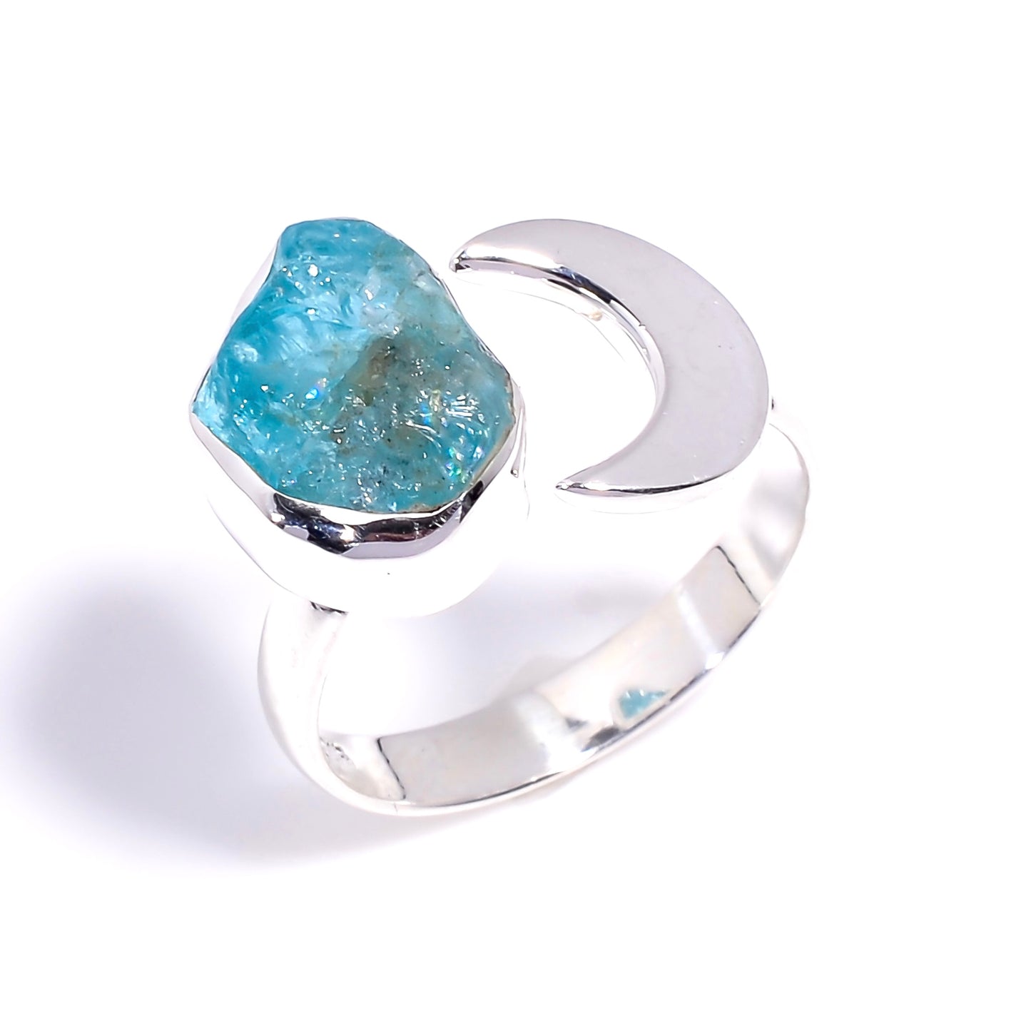 Raw Sky Apatite Crescent Moon Ring Sterling Silver 925