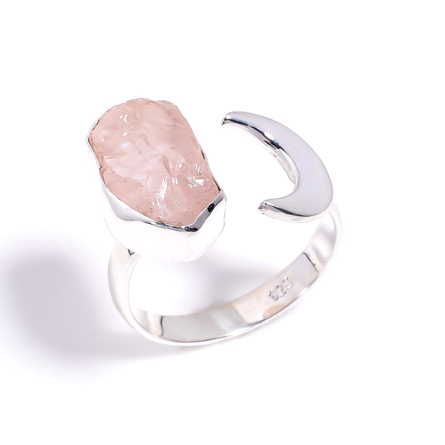 Raw Rose Quartz Crescent Moon Ring Sterling Silver 925