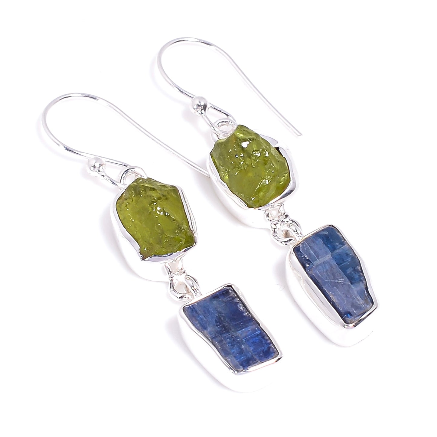 Raw Peridot X Blue Kyanite Earrings Sterling Silver 925