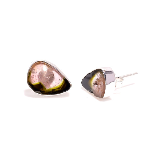 Raw Watermelon Tourmaline Earrings Sterling Silver 925