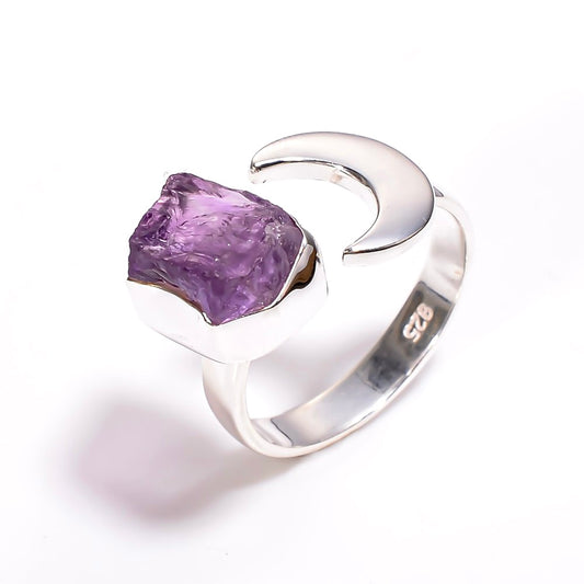 Raw Amethyst Crescent Moon Ring Sterling Silver 925