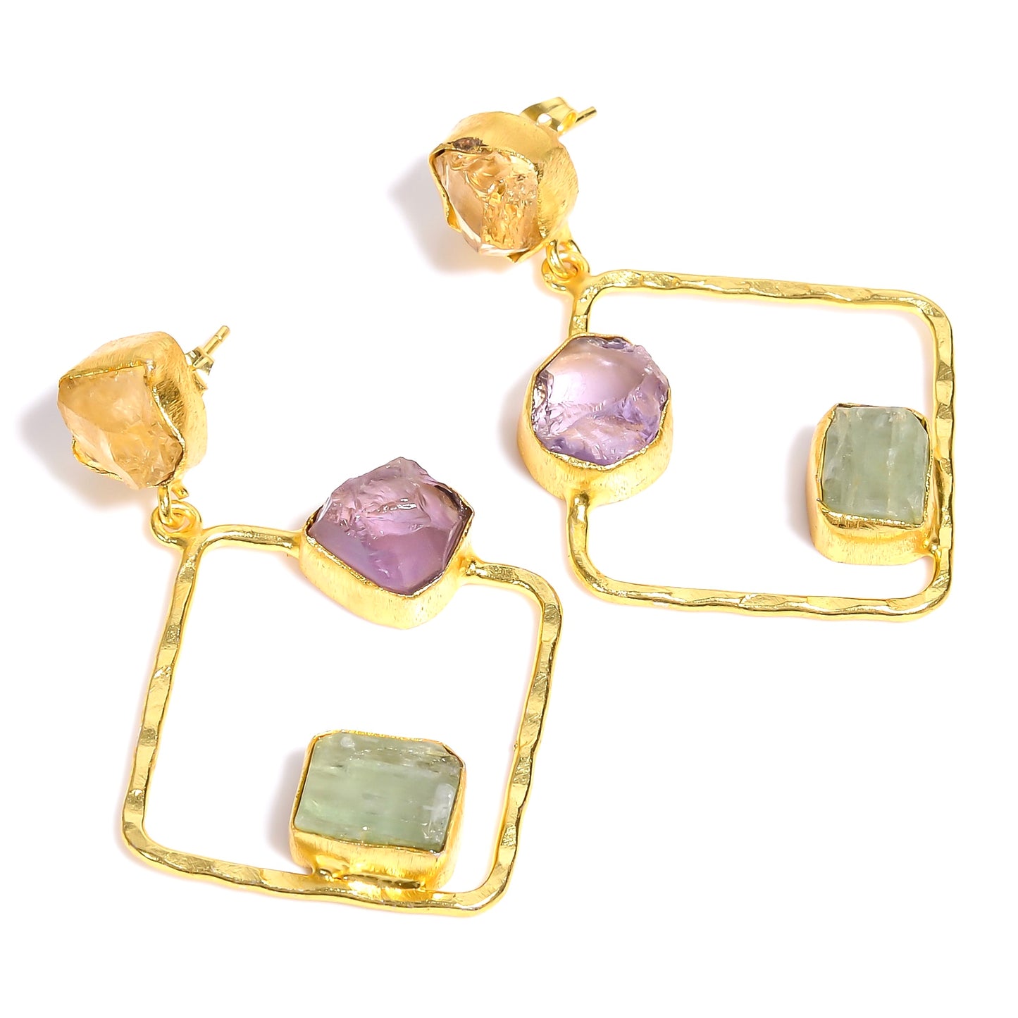 Raw Amethyst X Citrine X Green Kyanite Earrings Gold 24k Plated