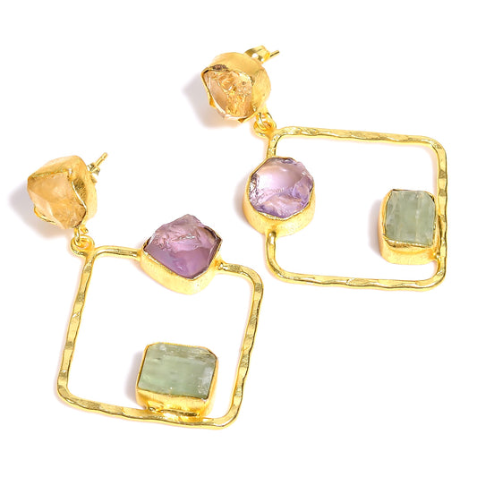 Raw Amethyst X Citrine X Green Kyanite Earrings Gold 24k Plated