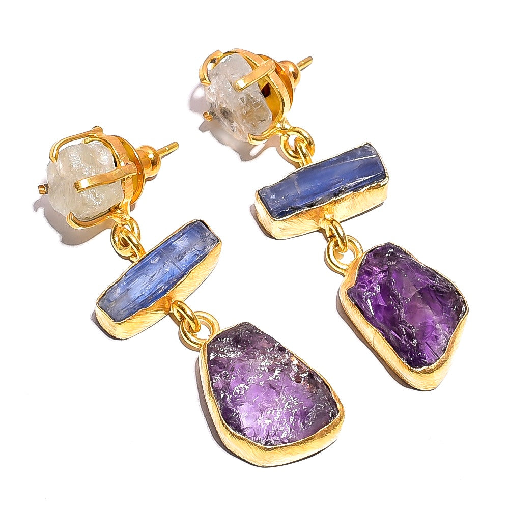 Raw Clear Quartz X Blue Kyanite X Amethyst Earrings  Gold 24k Plated