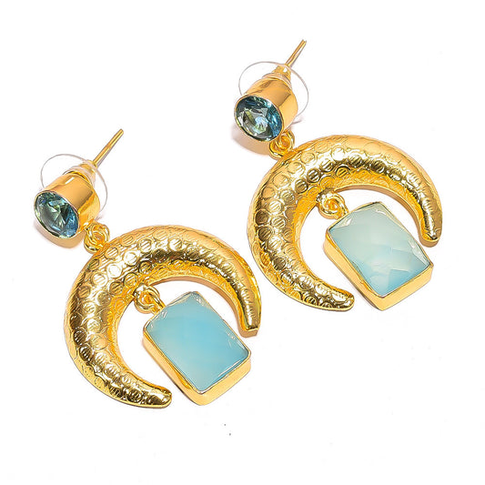 Blue Topaz X Chlacedony  Earrings Gold 24k Plated