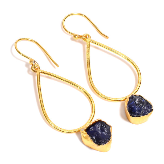 Raw Blue Sapphire Earrings Gold 24k Plated