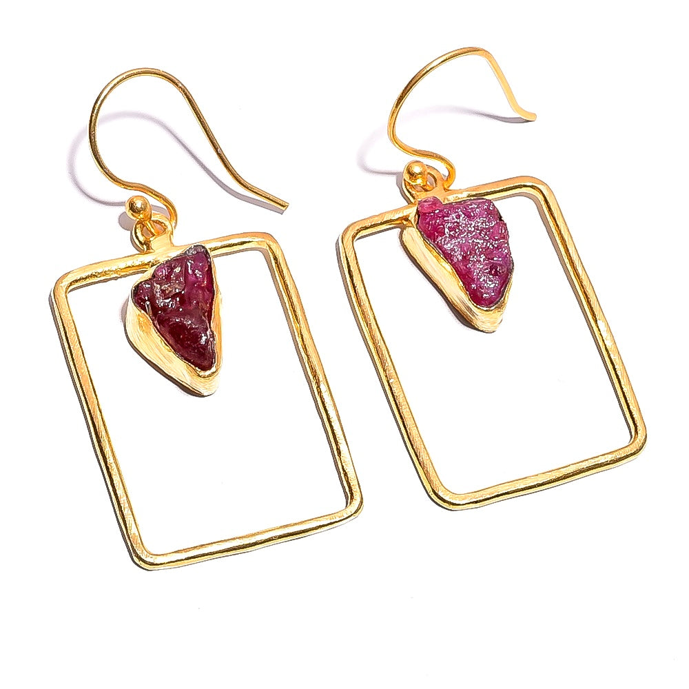 Raw Ruby Earrings Gold 24k Plated