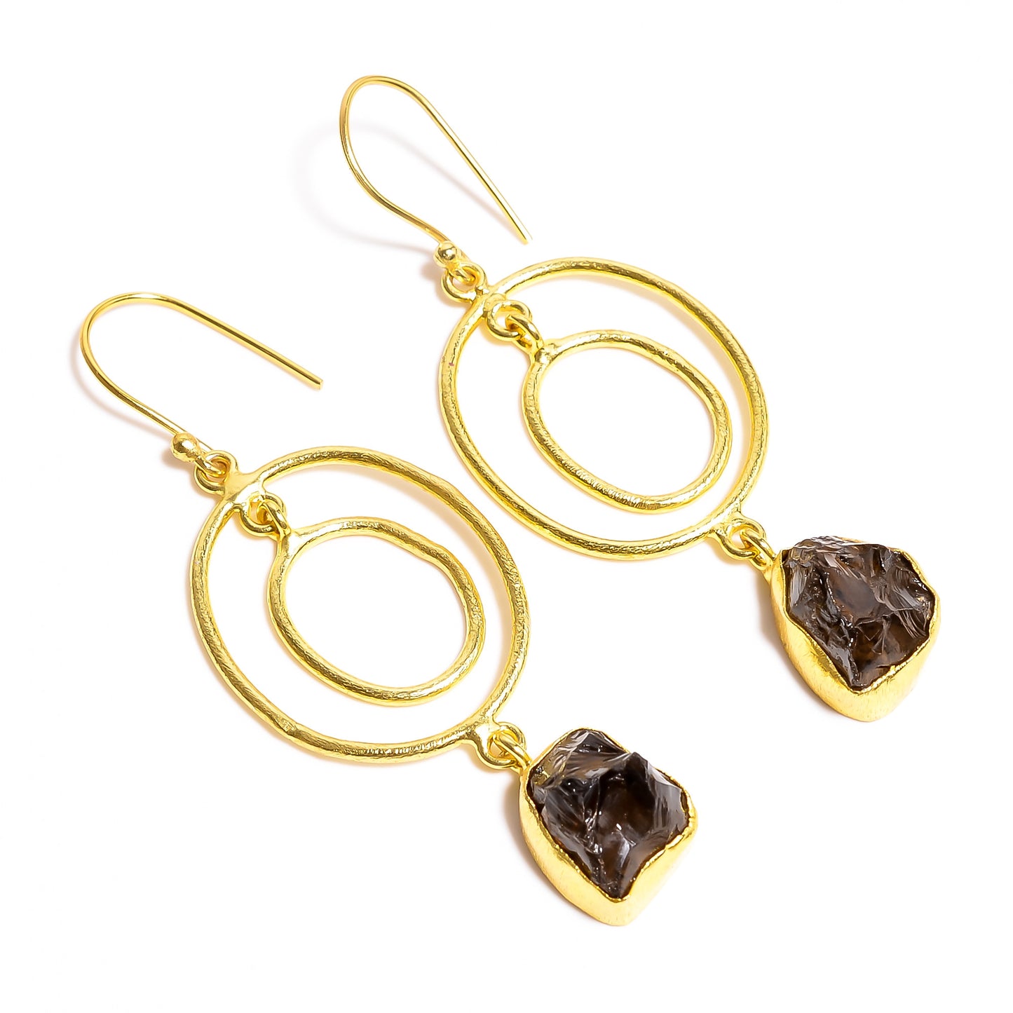 Raw Smoky Quartz Earrings Gold 24k Plated