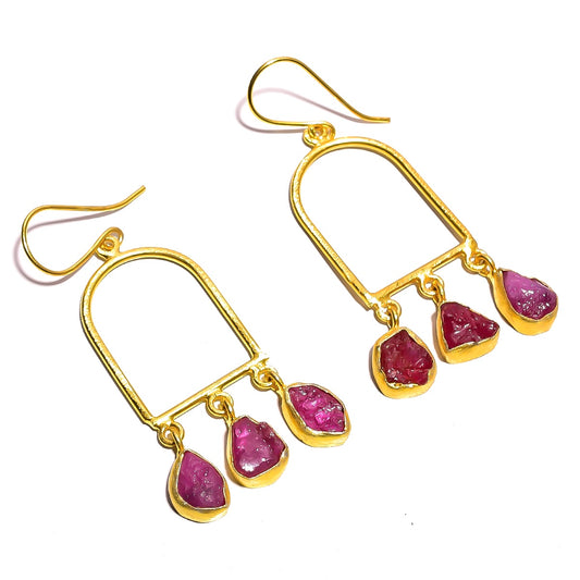 Raw Ruby Earrings Gold 24k Plated