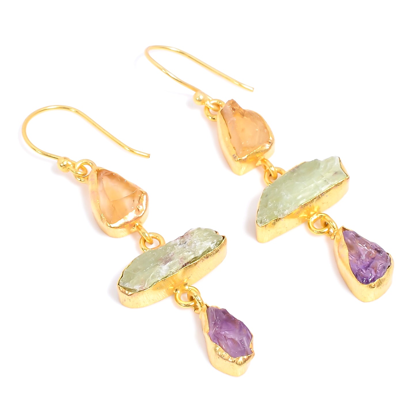 Raw Amethyst X Citrine X Green Kyanite Earrings Gold 24k Plated