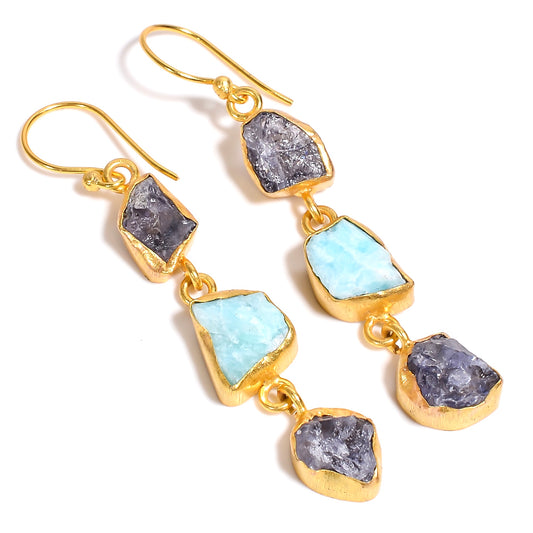 Raw Amazonite X Tanzanite Earrings Gold 24k Plated