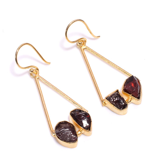 Raw Red Garnet Earrings Gold 24k Plated