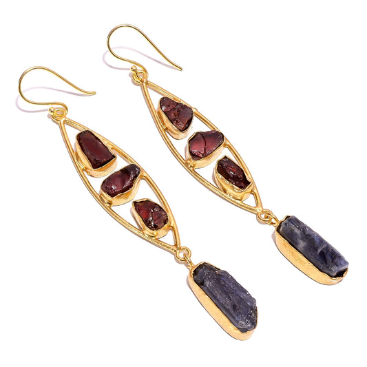 Raw Blue Kyanite X Red Garnet Earrings Gold 24k Plated