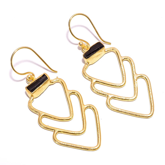 Raw Black Tourmaline Earrings Gold 24k Plated