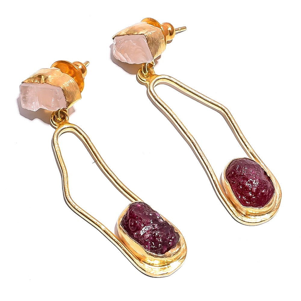 Raw Rose Quartz X Red Garnet Earrings Gold 24k Plated