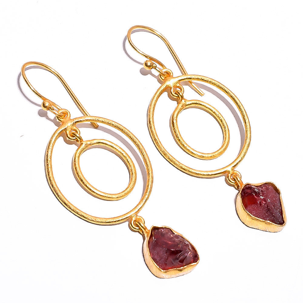 Raw Red Garnet Earrings Gold 24k Plated