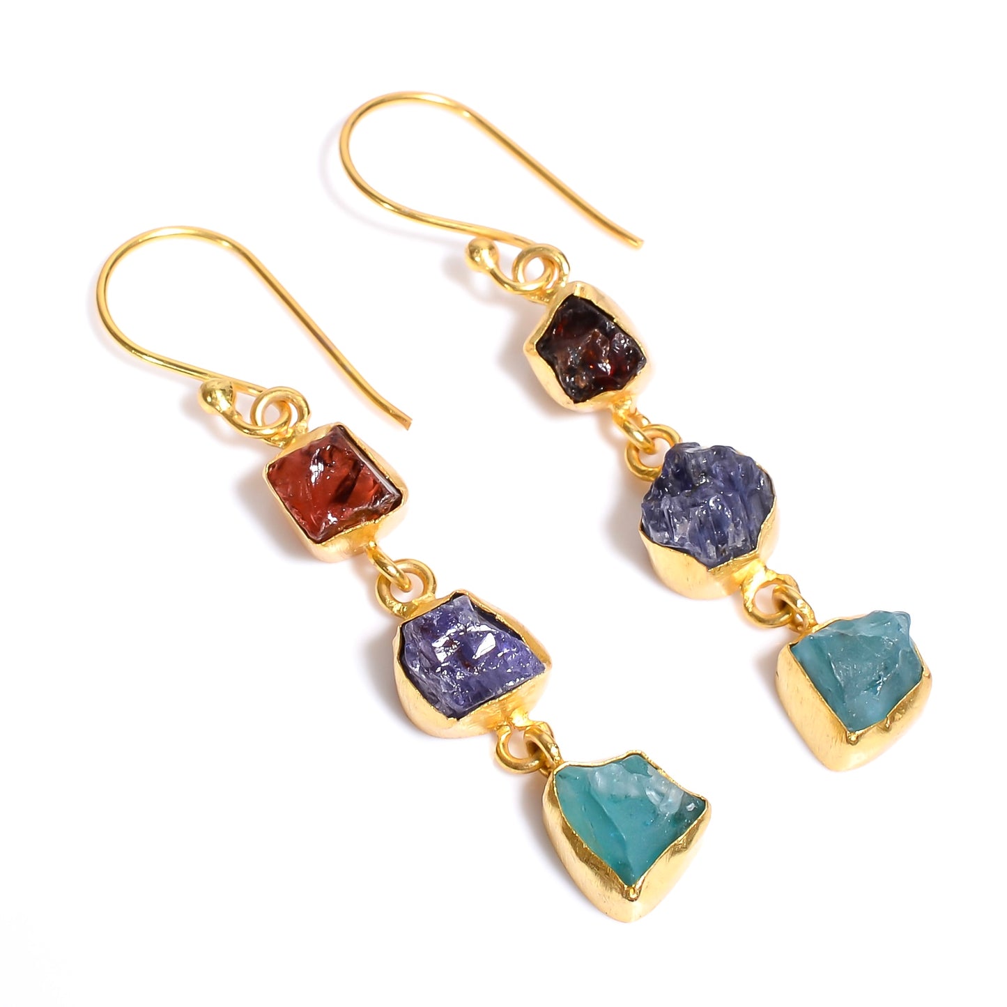 Raw Red Garnet, Tanzanite and Blue Sky Apatite Earrings