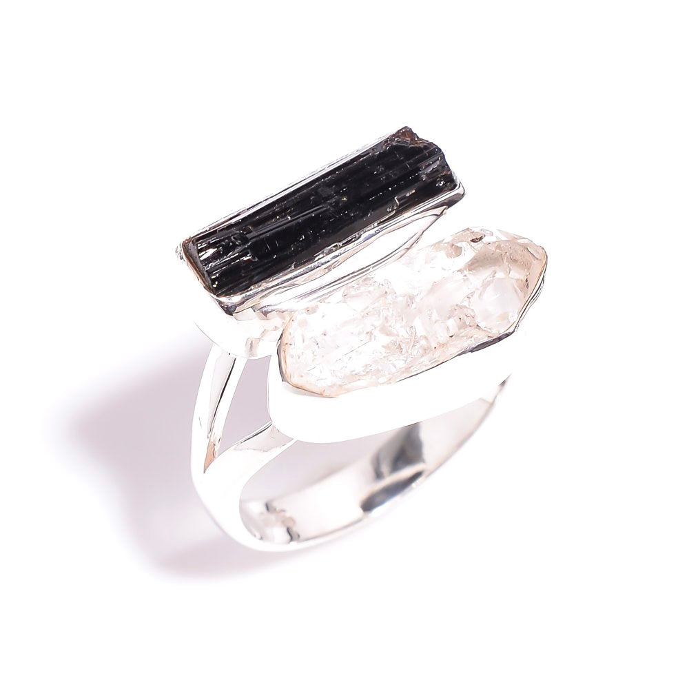 Raw Herkimer Diamond X Black Tourmaline Ring Sterling Silver 925