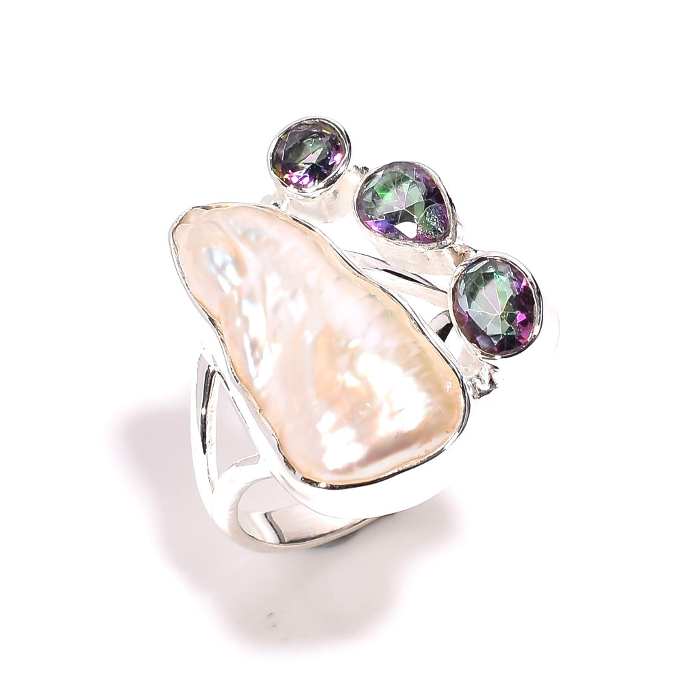 Baroque Pearl X Mystic Topaz Ring Sterling Silver 925