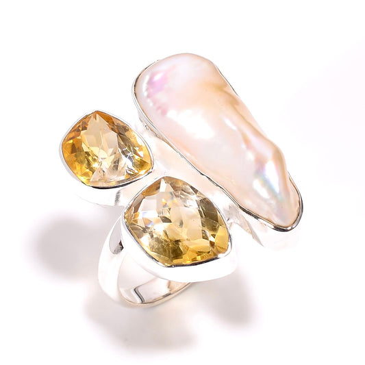 Gorgeous Baroque Pearl X Citrine Ring Sterling Silver 925