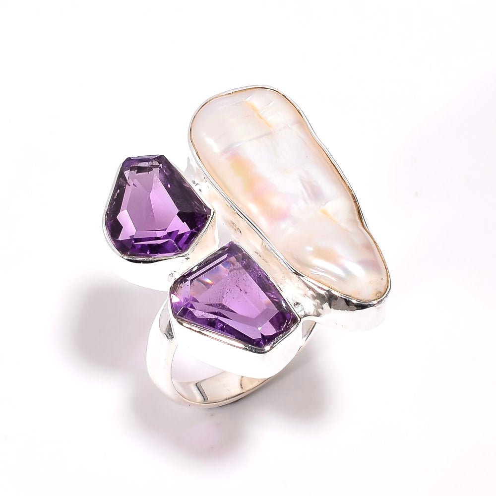 Baroque Pearl X Amethyst Ring Sterling Silver 925