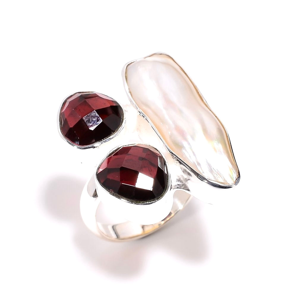 Baroque Pearl X Red Garnet Ring Sterling Silver 925