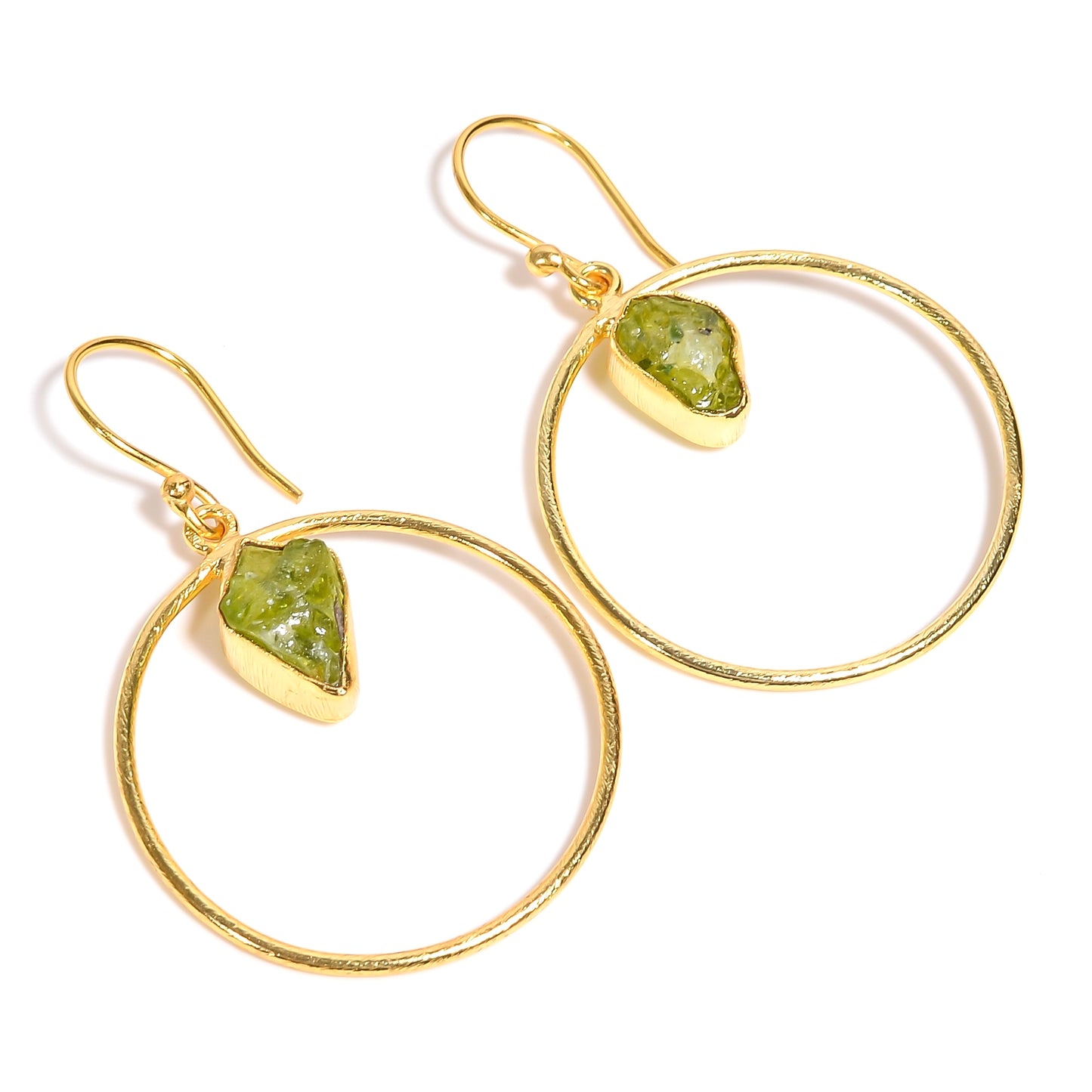 Raw Peridot Hoop Earrings Gold 24k Plated