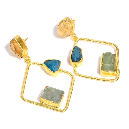 Raw Citrine, Neon Apatite, and Green Kyanite Earrings