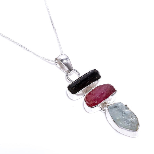 Raw Black Tourmaline X Aquamarine X Ruby Necklace Sterling Silver 925