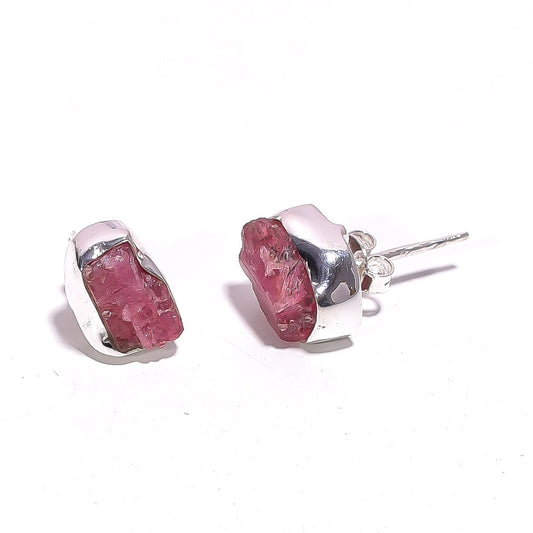 Raw Pink Tourmaline Earrings Sterling Silver 925